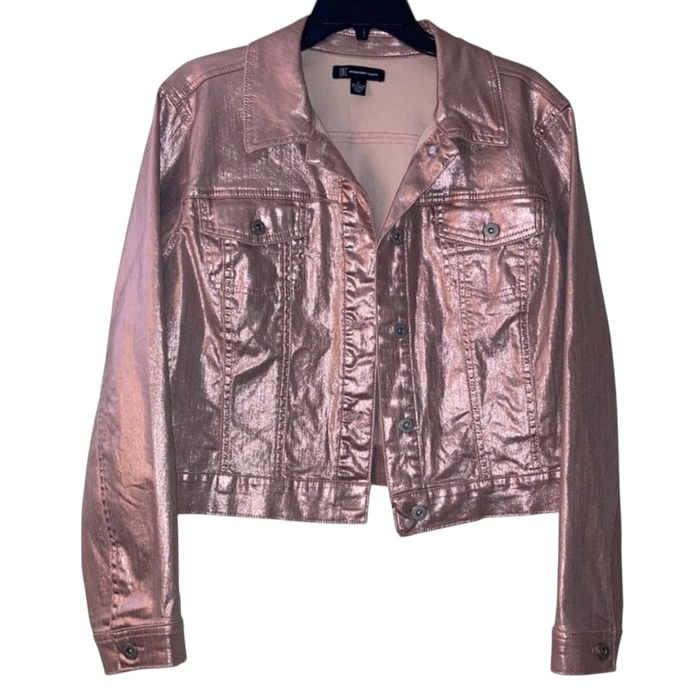 INC Pink Metallic Denim Jean Jacket Size Small Button Down Collar Shiny